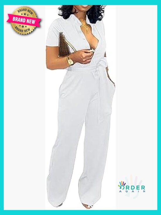 Pants - Elegant Long Straight Jumpsuit with Collared Neck and Button Front
